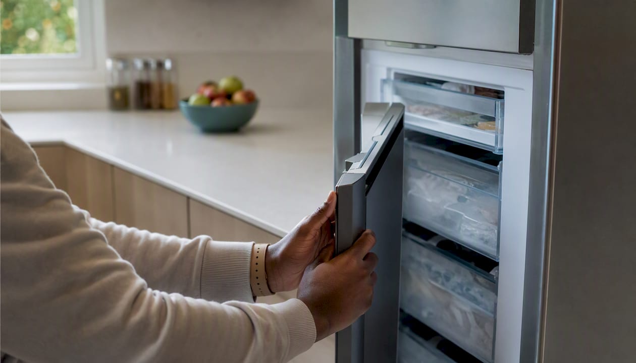 Hands opening freezer door of single-door fridge