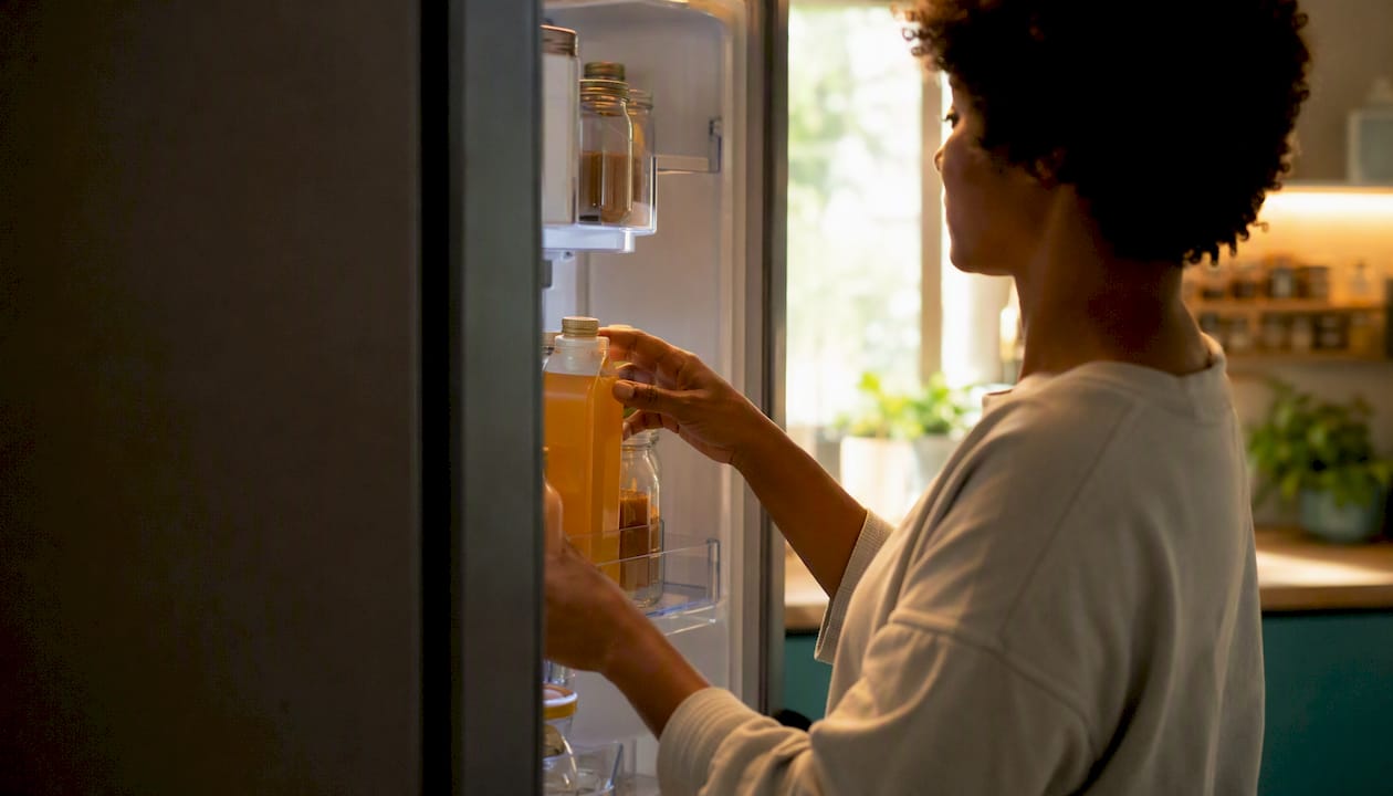 Hands placing milk carton in double door fridge bin