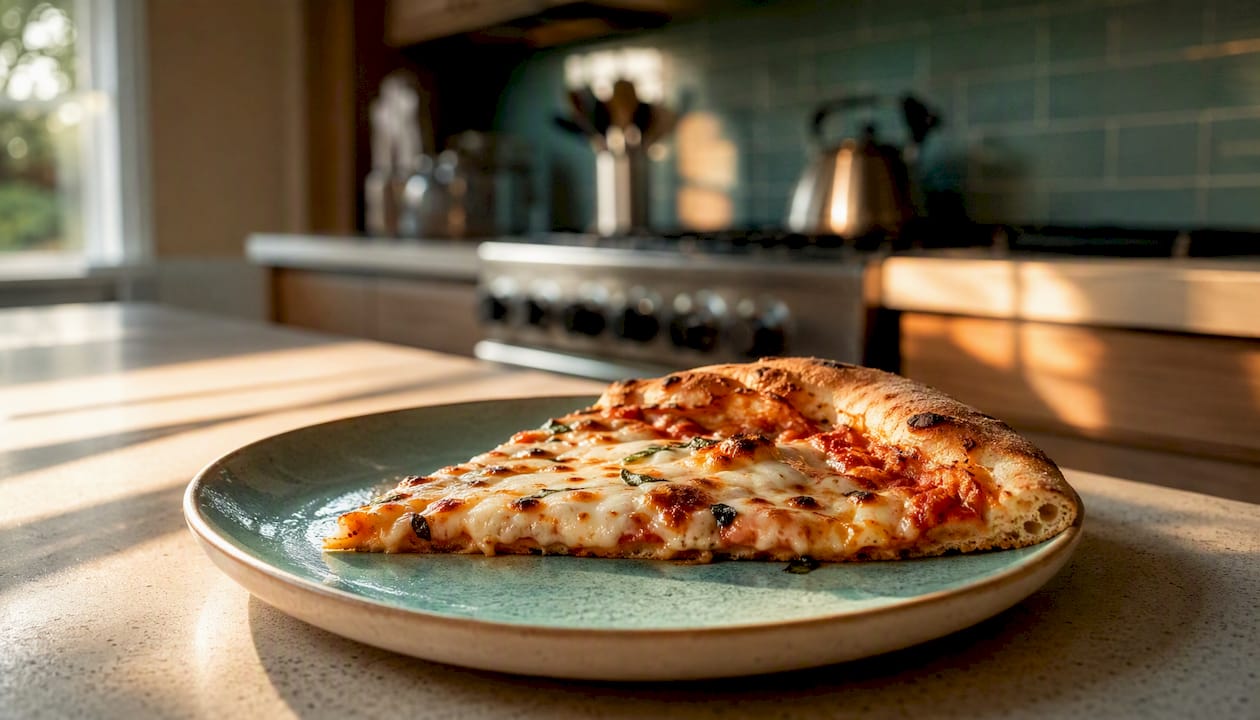 Browned slice of pizza with melted cheese
