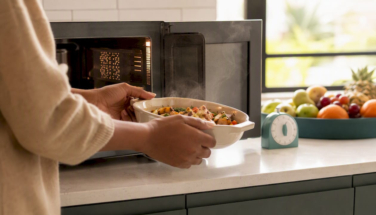 Hands placing dish into microwave oven