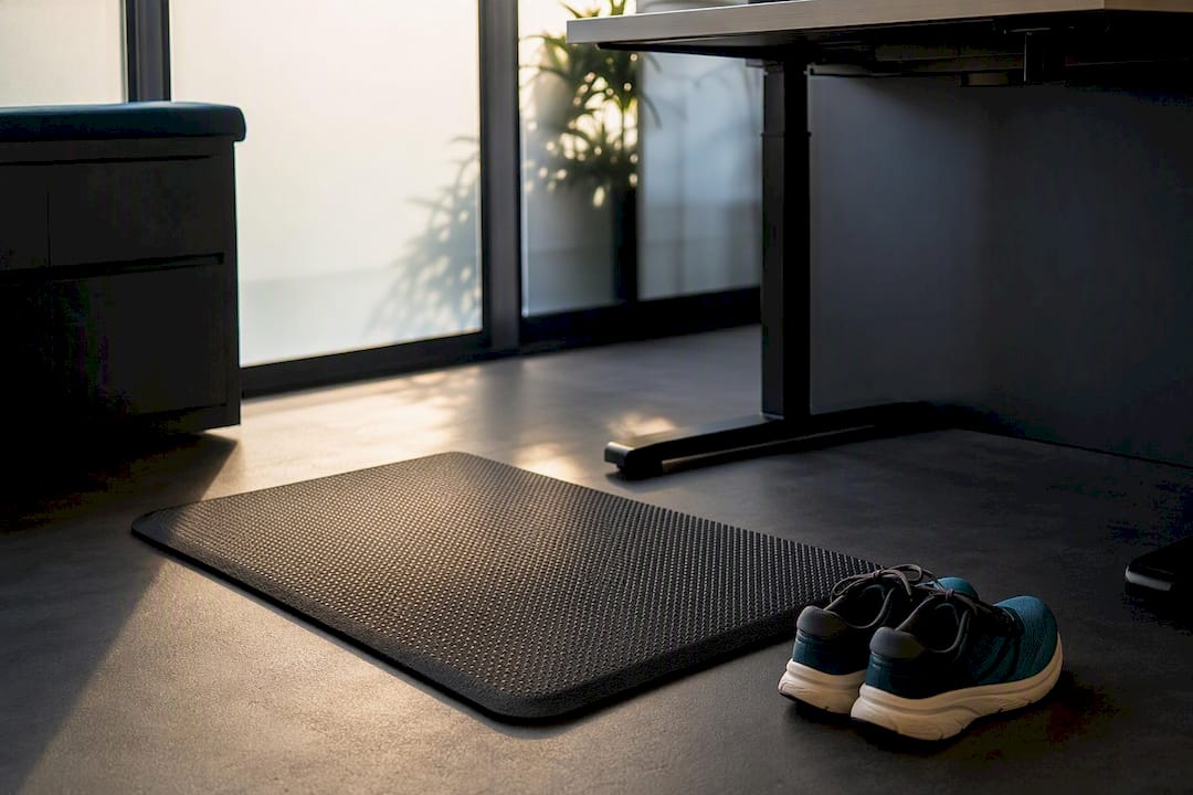 Anti-fatigue mat and office shoes near standing desk