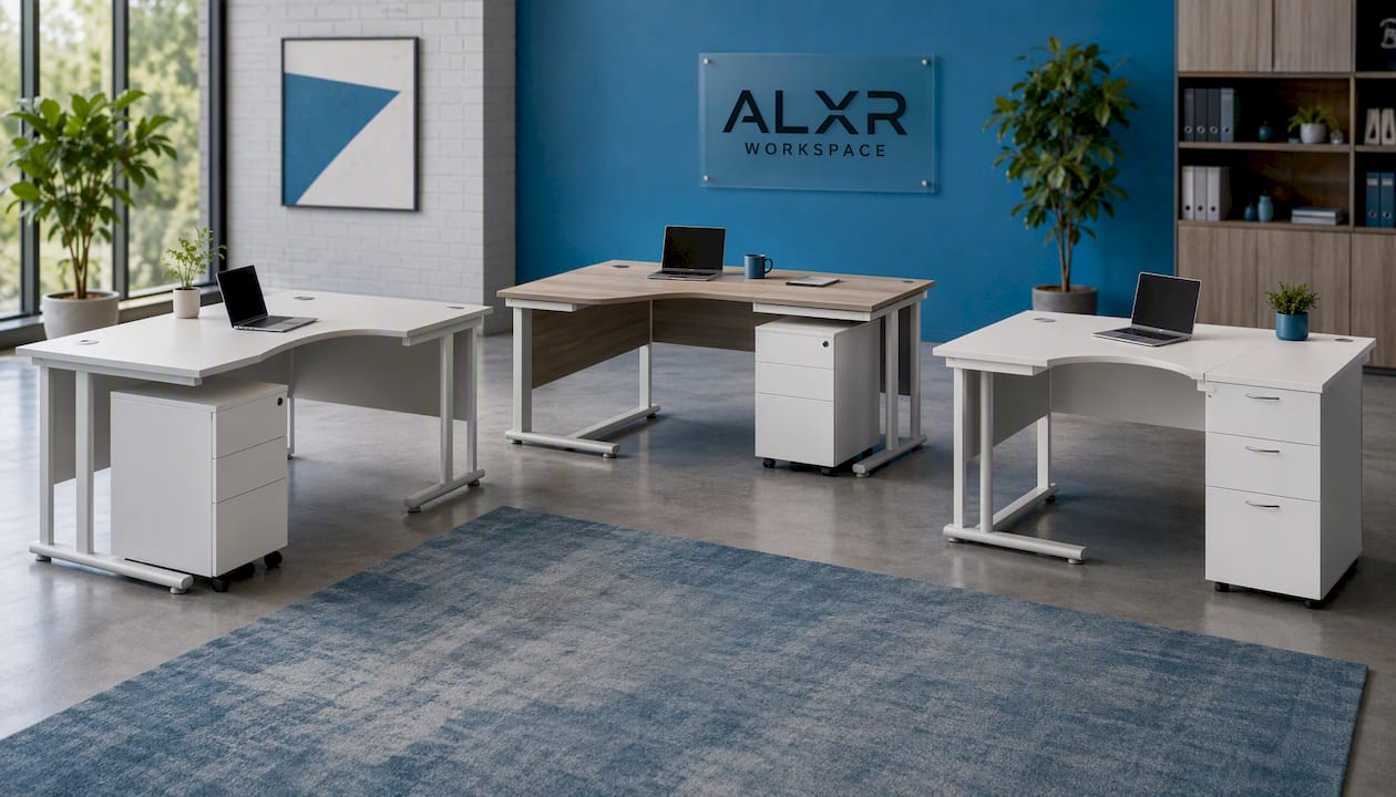Twin Upright Right Hand Radial Desk + Under Desk Steel Pedestal 3 Drawers (FSC)