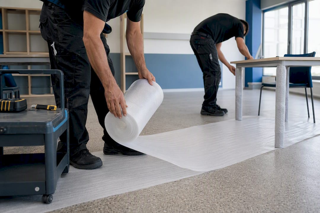 Hands laying protective floor covering in office corridor