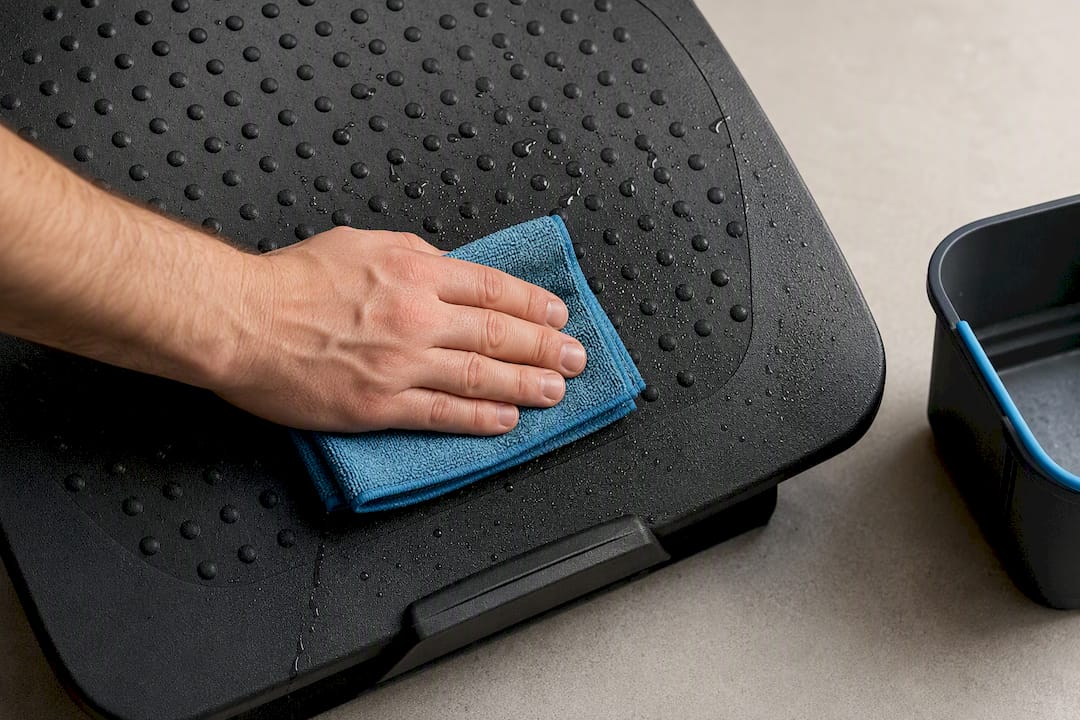 Hand wiping textured footrest surface clean