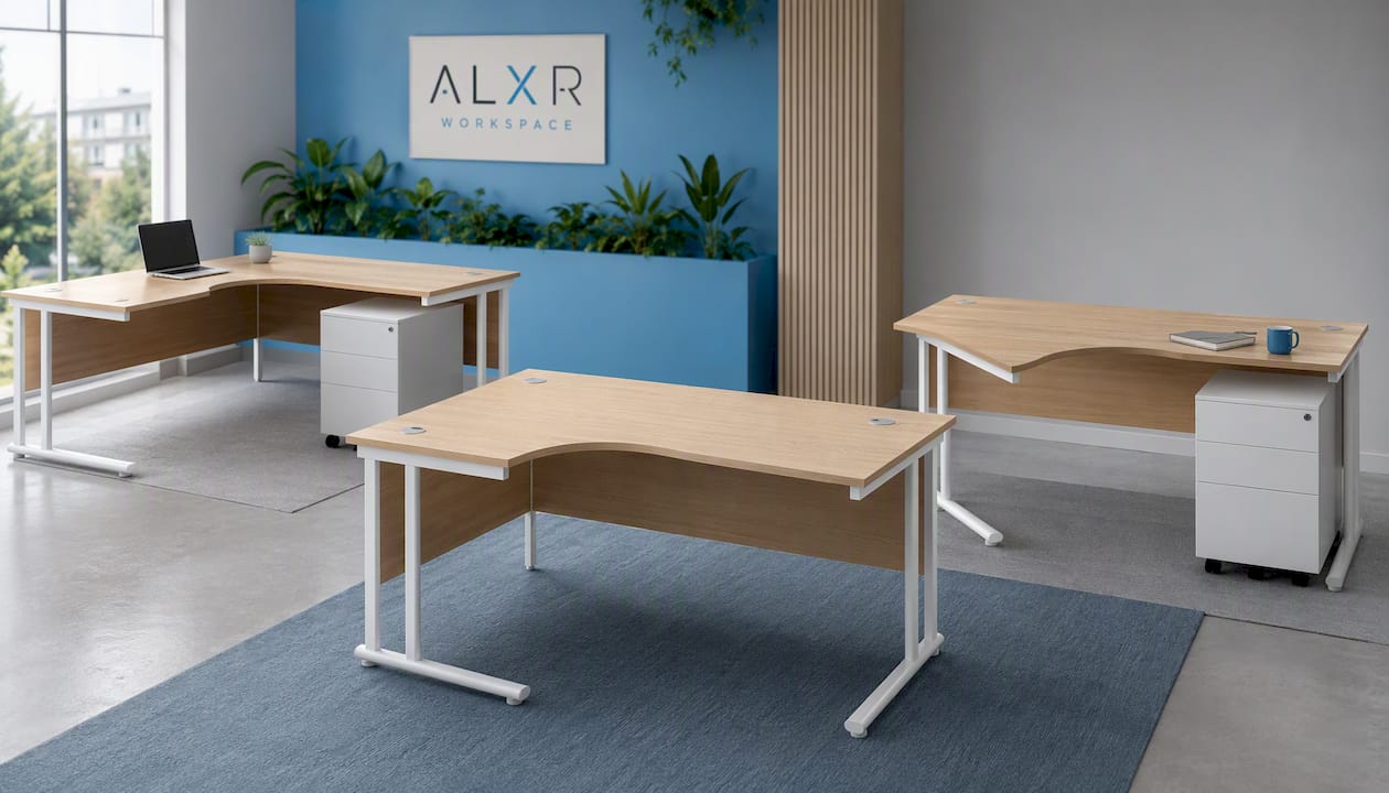 Twin Upright Left Hand Radial Desk + Under Desk Steel Pedestal 3 Drawers (FSC)