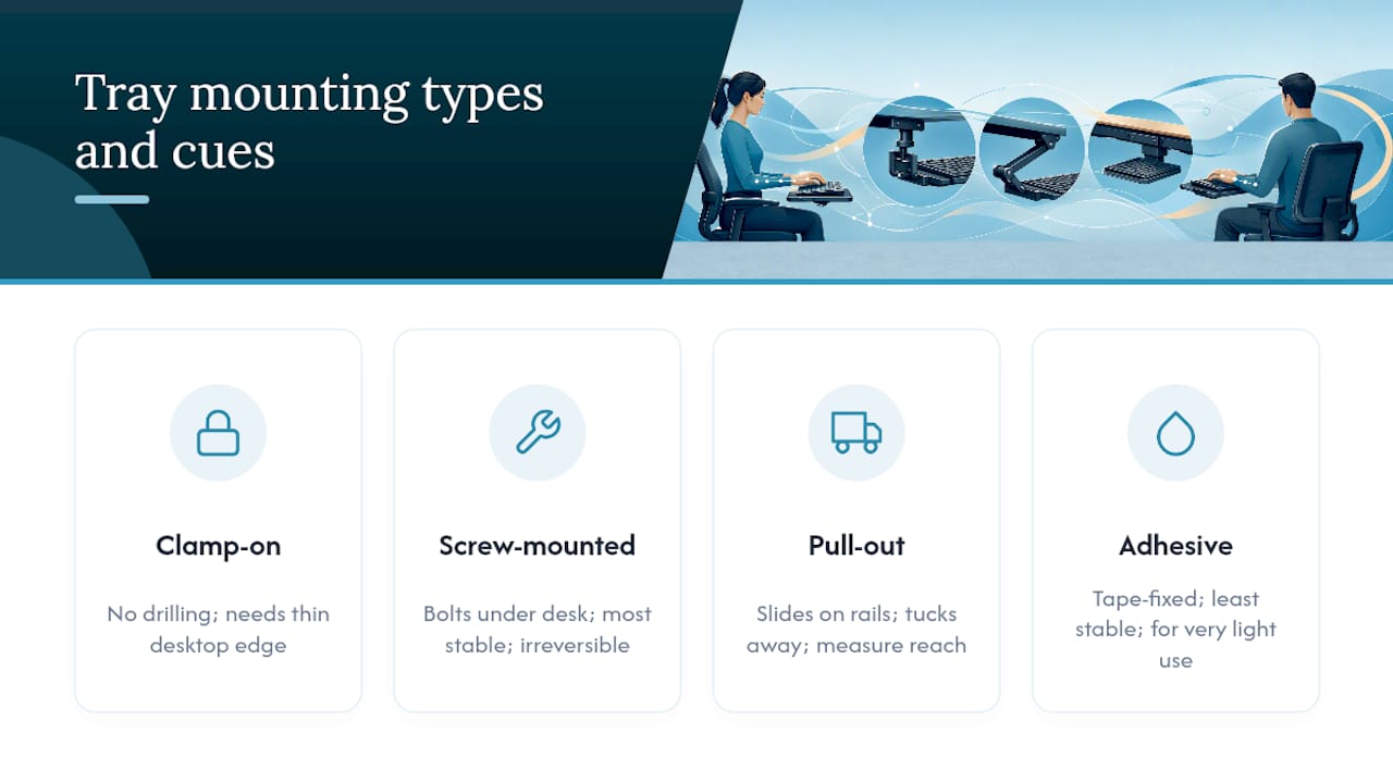 Four keyboard tray mounting types compared