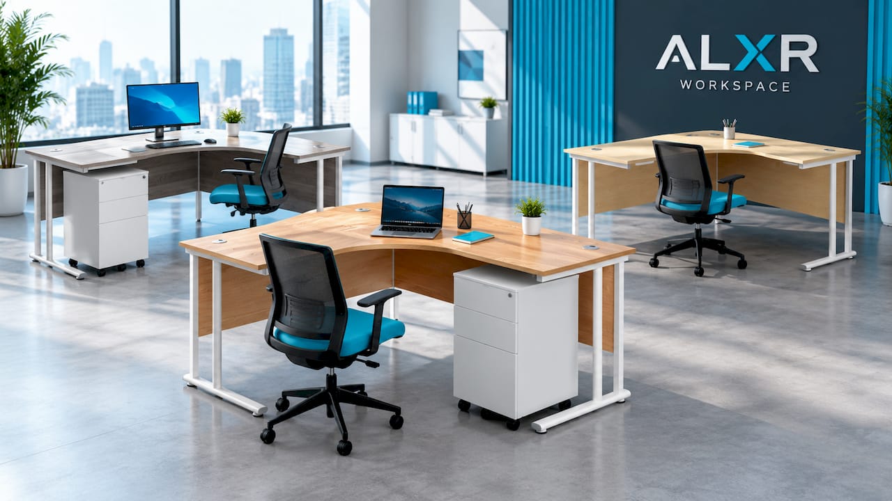 Twin Upright Right Hand Radial Desk + Under Desk Steel Pedestal 3 Drawers (FSC)