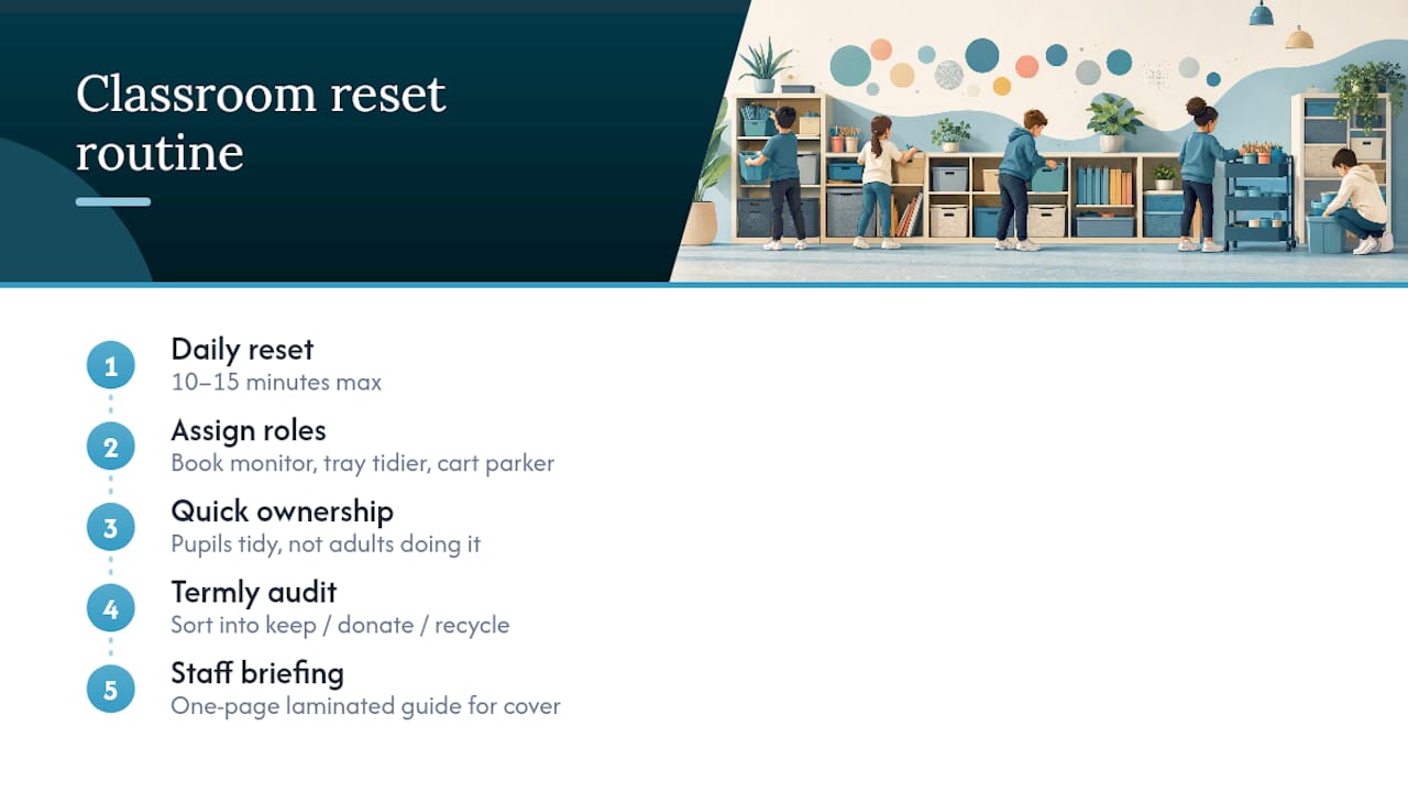 Classroom storage reset routine and maintenance cycle