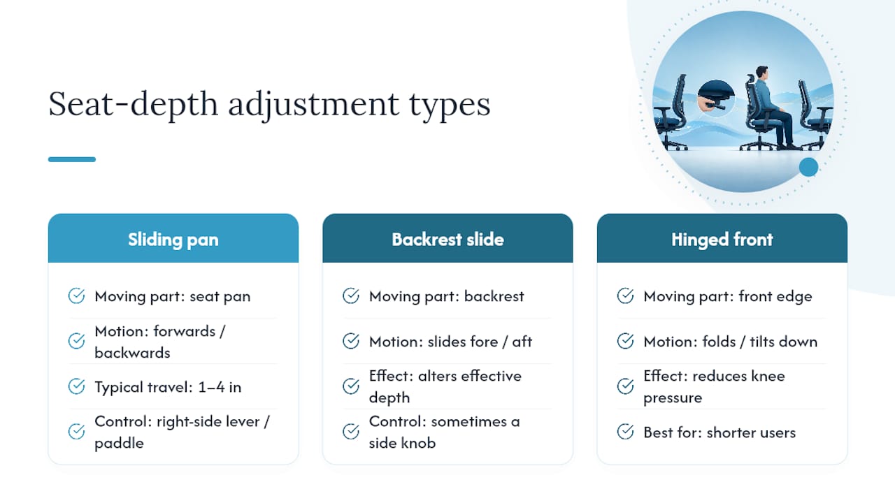 Three seat depth adjustment mechanisms compared
