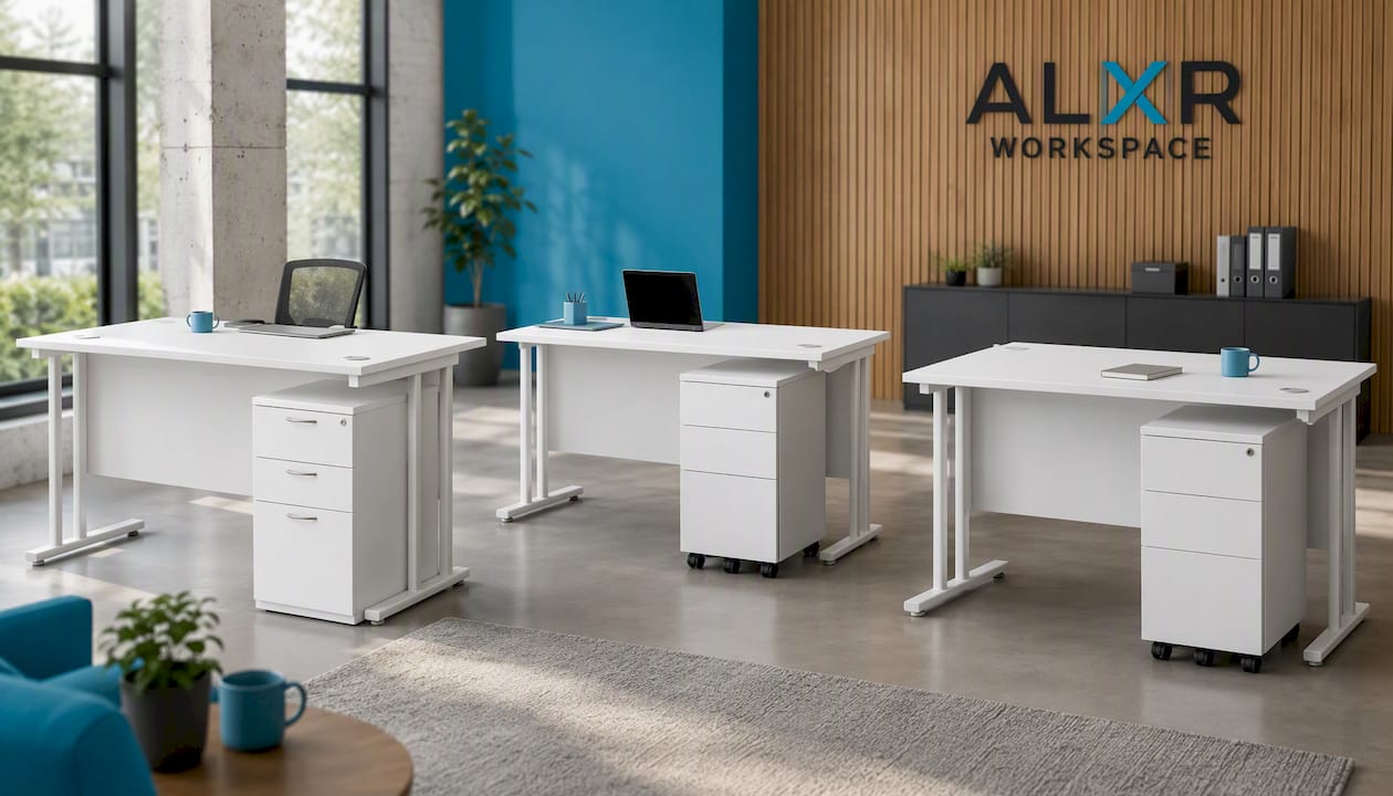 Twin Upright Rectangular Desk + Slimline Steel Pedestal 3 Drawers (FSC) 800