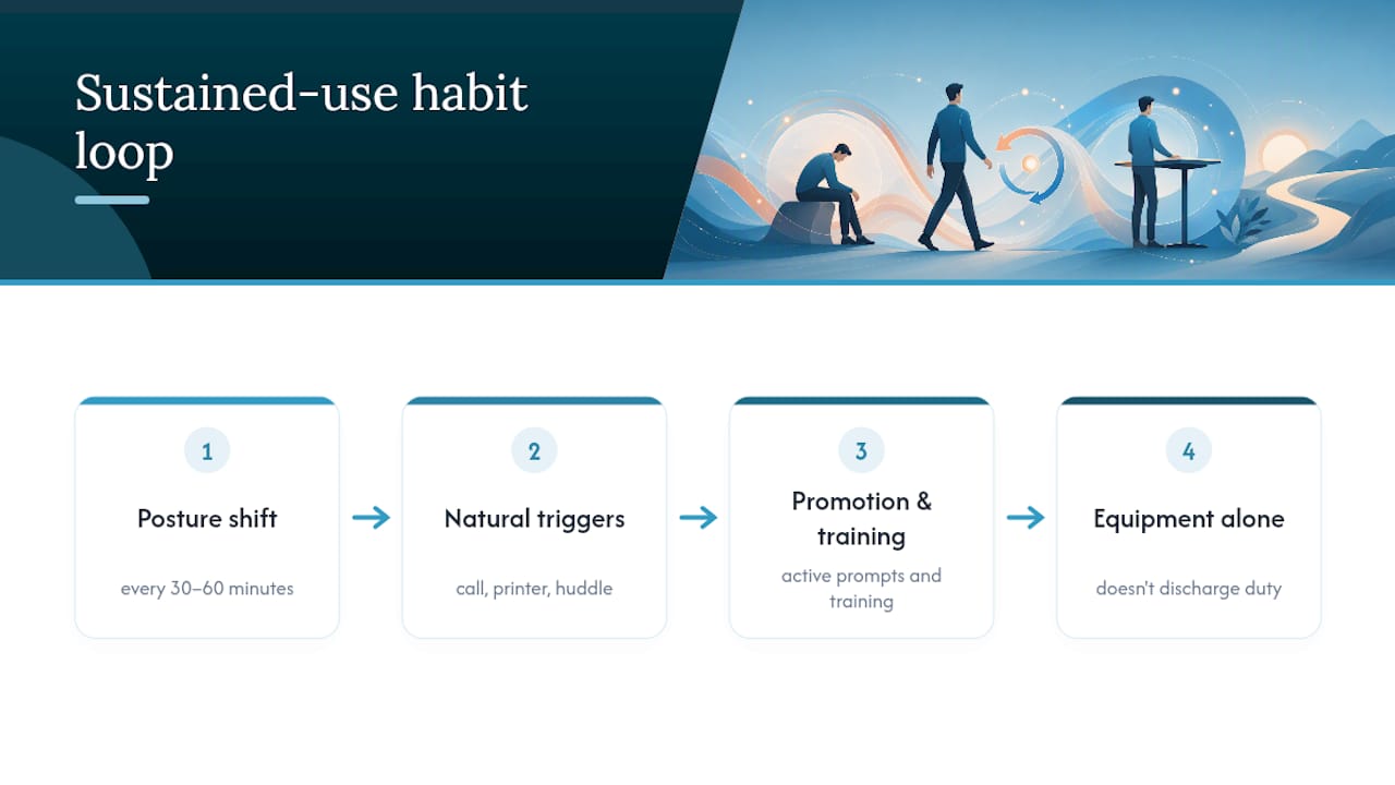 Desk habit support cycle with breaks and training