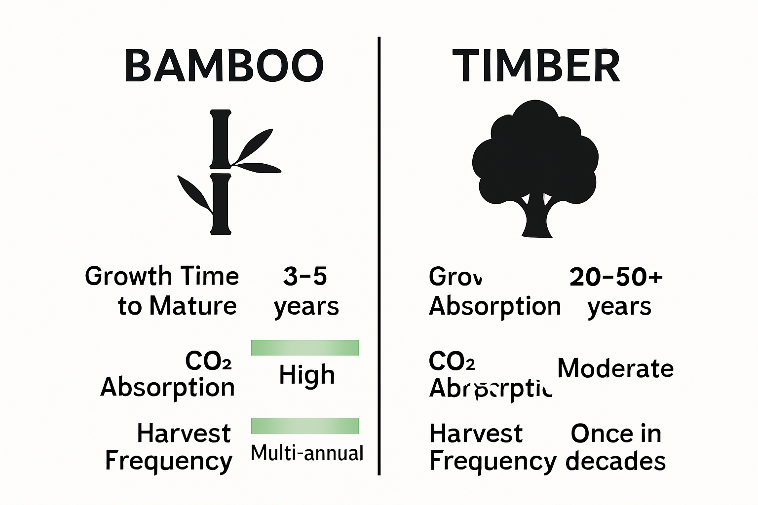 Bamboo vs timber sustainability infographic with growth, CO2, and harvest comparison