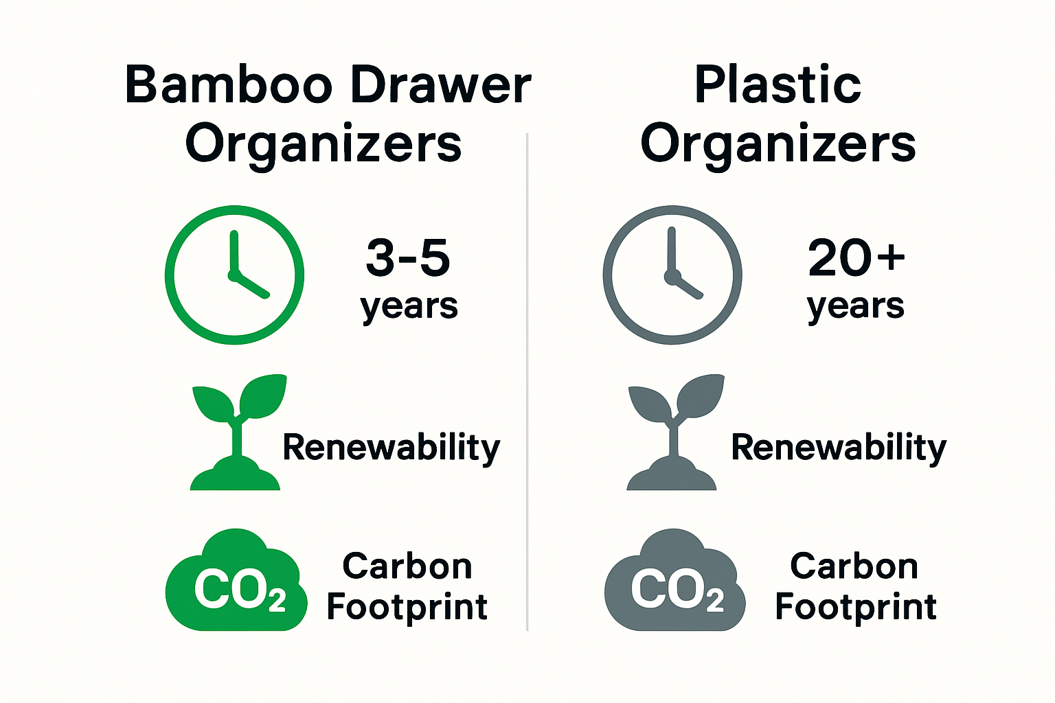 Comparison infographic showing bamboo vs plastic organizers
