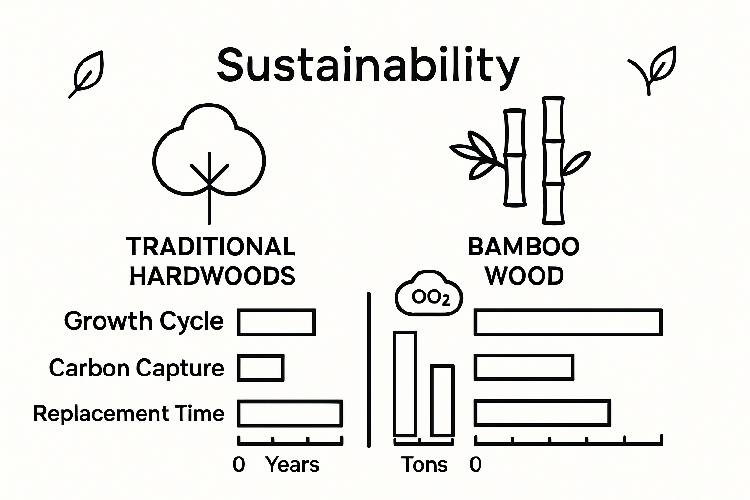 Infographic comparing bamboo wood and hardwood sustainability metrics