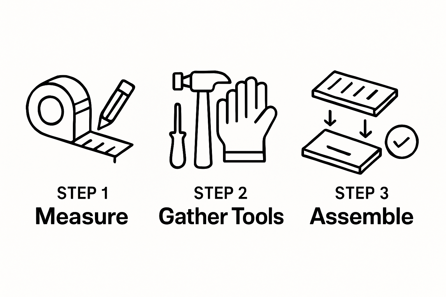 Infographic of three steps: measure, gather tools, assemble bamboo organizer