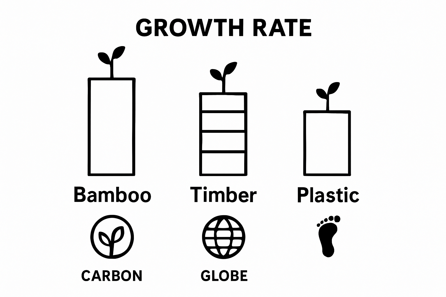 Infographic comparing bamboo, timber, and plastic on sustainability metrics.