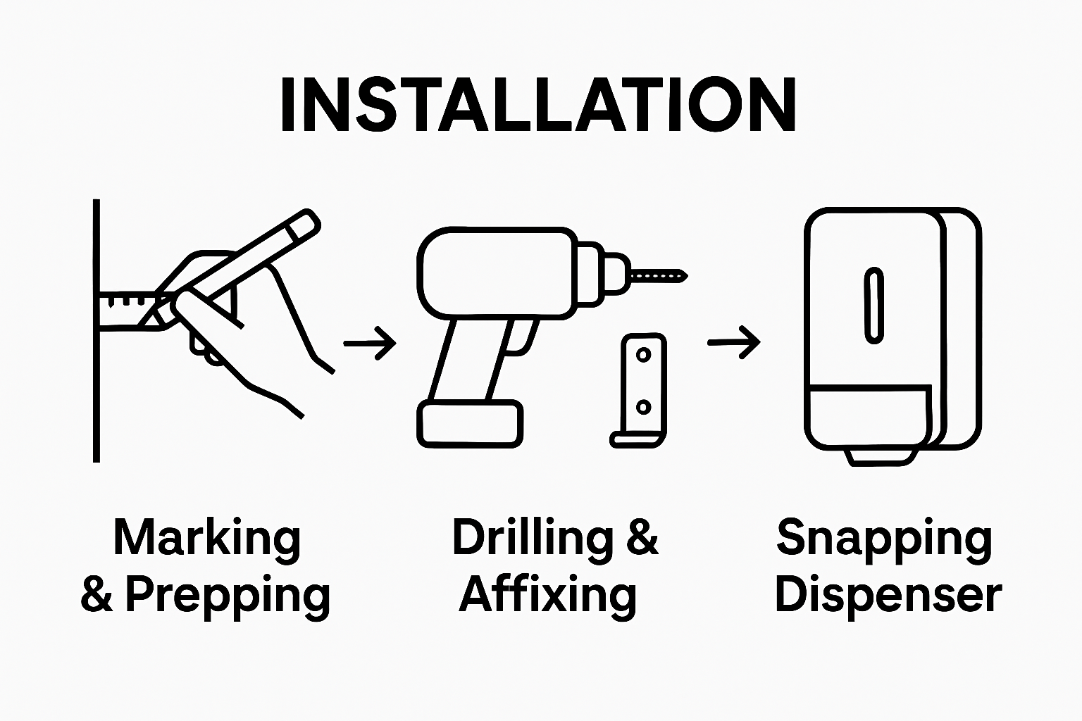 Three-step infographic showing wall prep, drilling, and mounting a paper towel dispenser