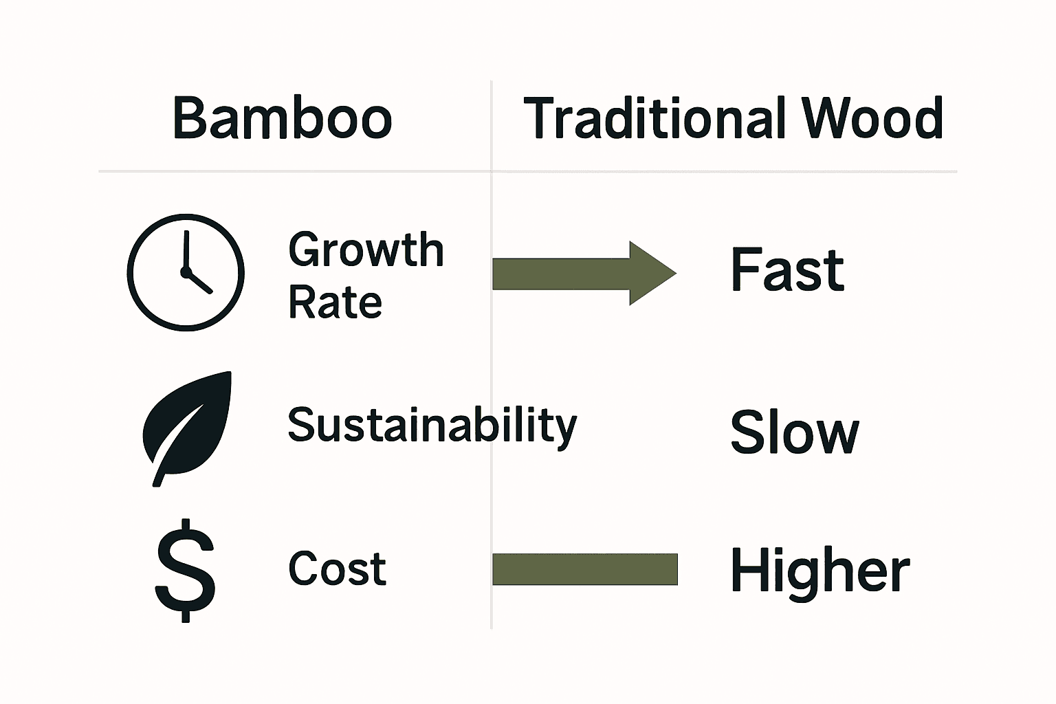 Infographic showing growth, sustainability, and cost comparison of bamboo vs traditional wood