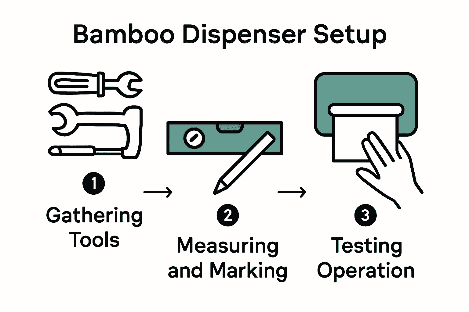 Infographic showing three steps to set up a bamboo dispenser: gather tools, mark and install, test operation.