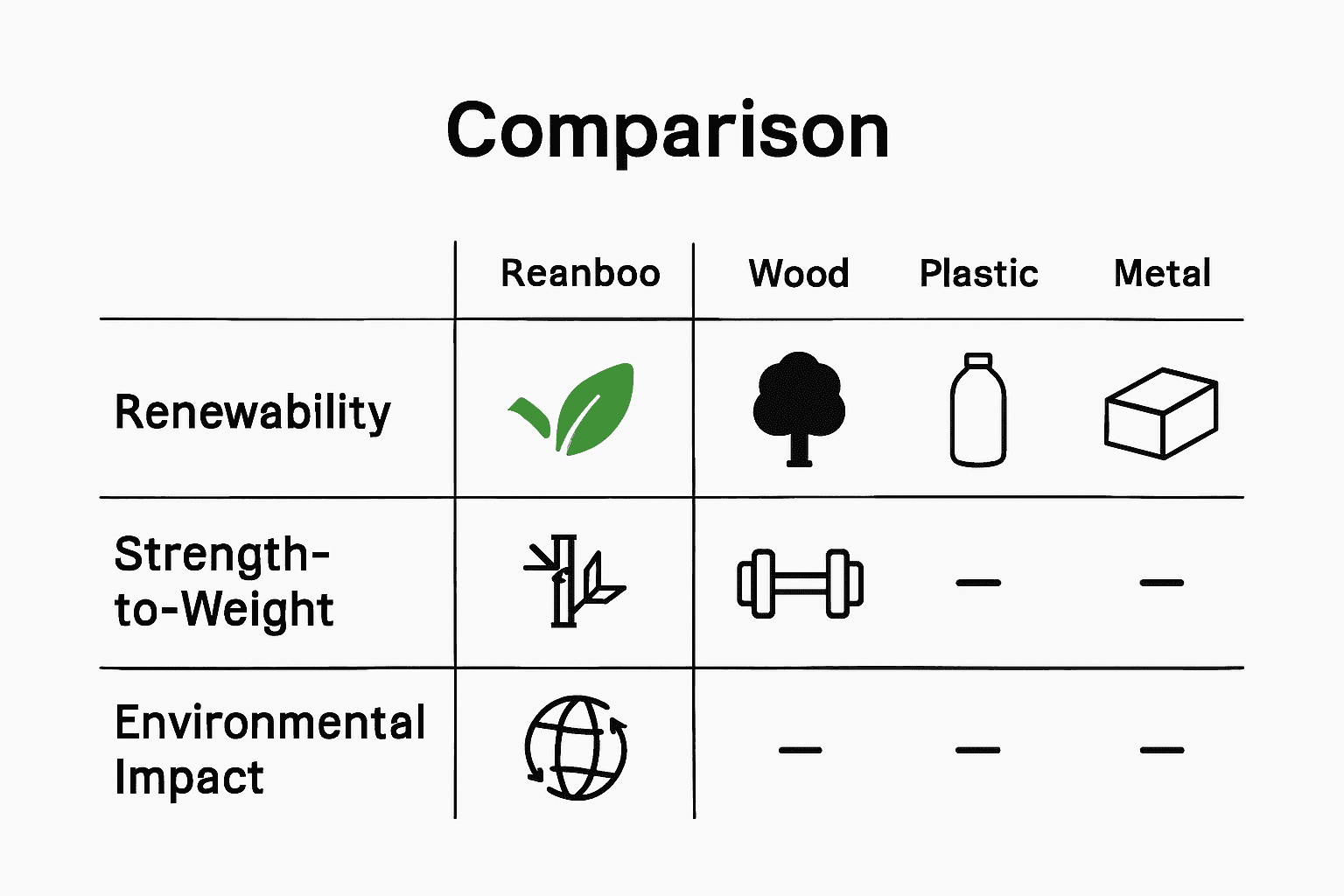 Infographic comparing bamboo, wood, plastic, and metal on key sustainability factors.