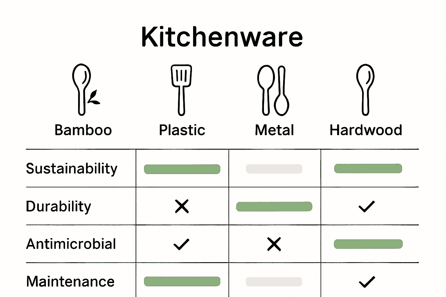 Infographic comparing bamboo, plastic, metal, and wood kitchenware features.