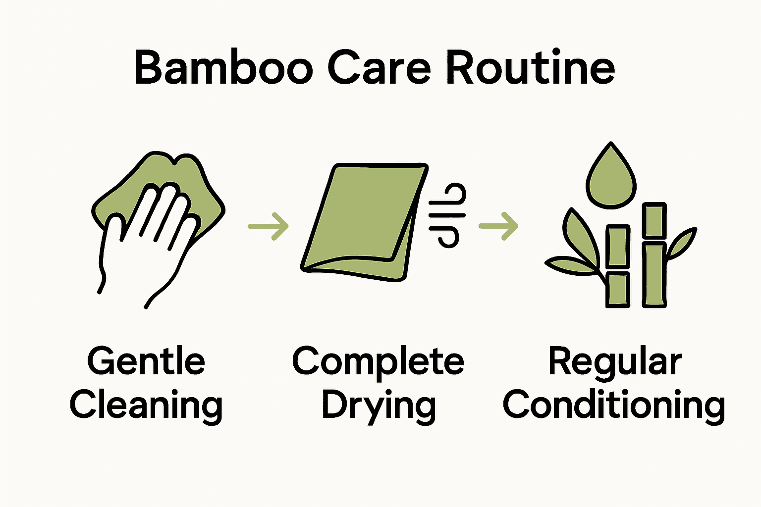 Infographic visualizing cleaning, drying, and oiling bamboo products