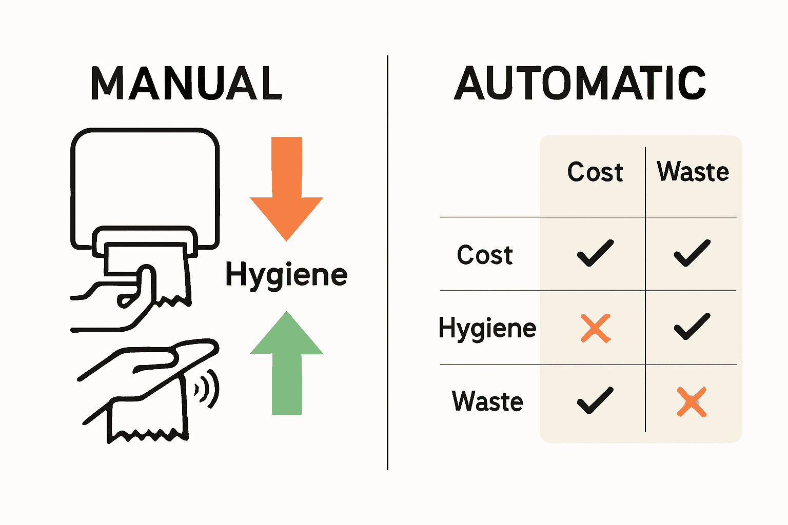 Infographic comparing manual and automatic paper towel dispensers with icons and key differences.