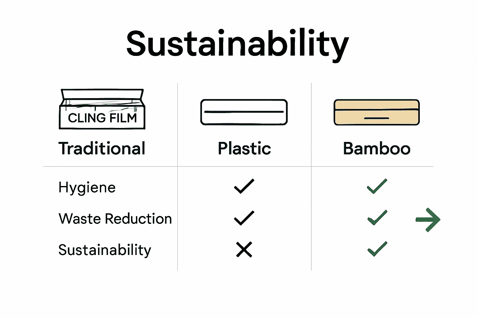 Infographic comparing wrap dispensers, cardboard boxes, and bamboo dispensers for sustainability, waste, and hygiene.