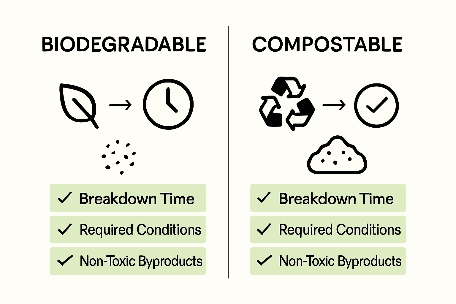 Comparison graphic showing biodegradable vs. compostable material features