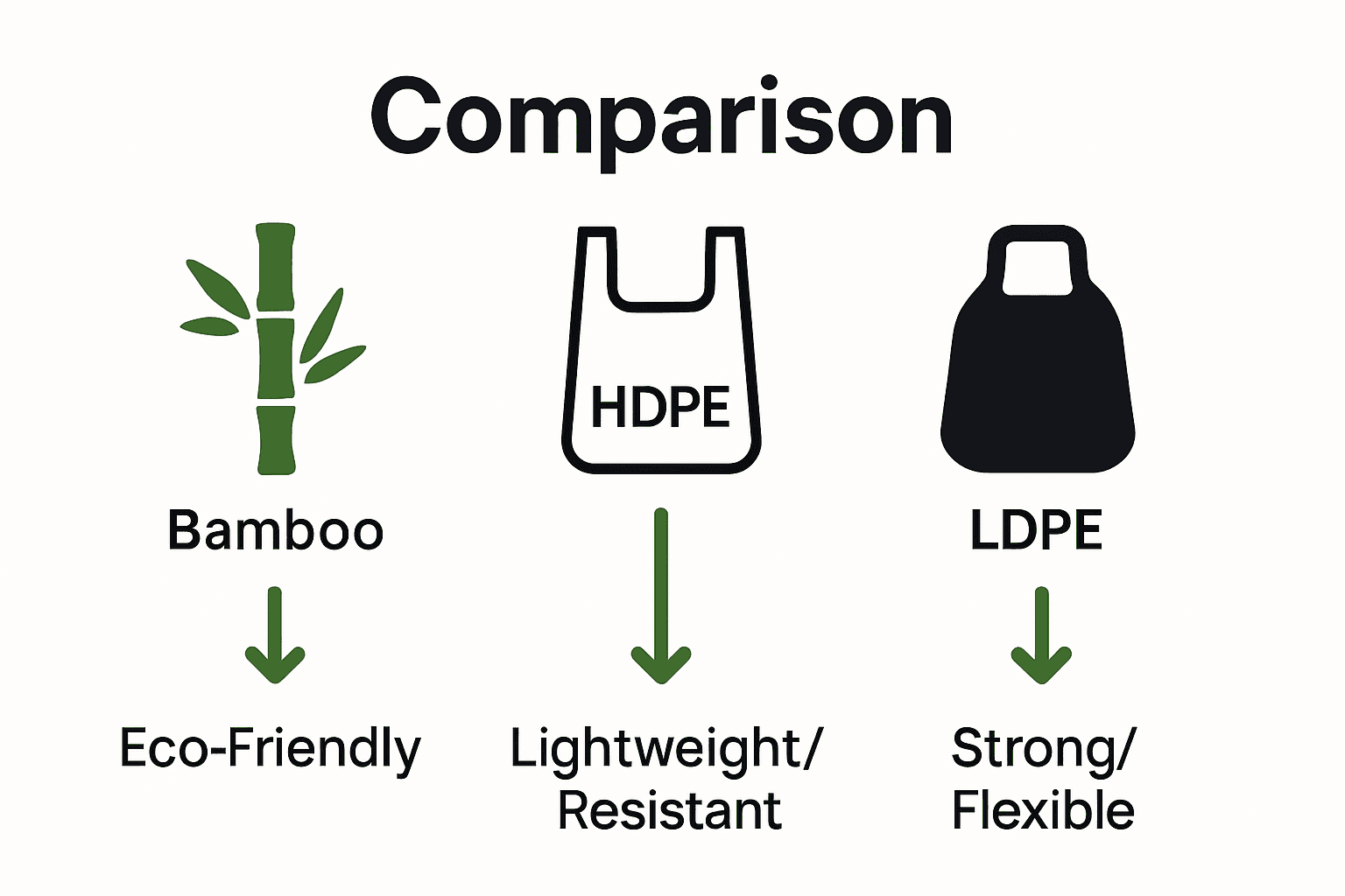 Infographic comparing bamboo, HDPE, and LDPE trash bag organizer materials and their key benefits