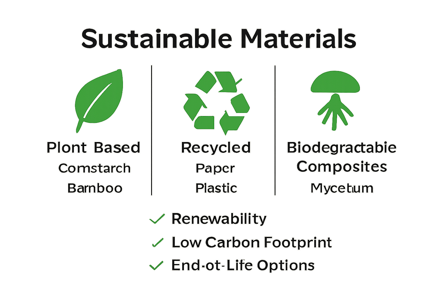 Infographic comparing plant-based, recycled, and biodegradable sustainable product materials.