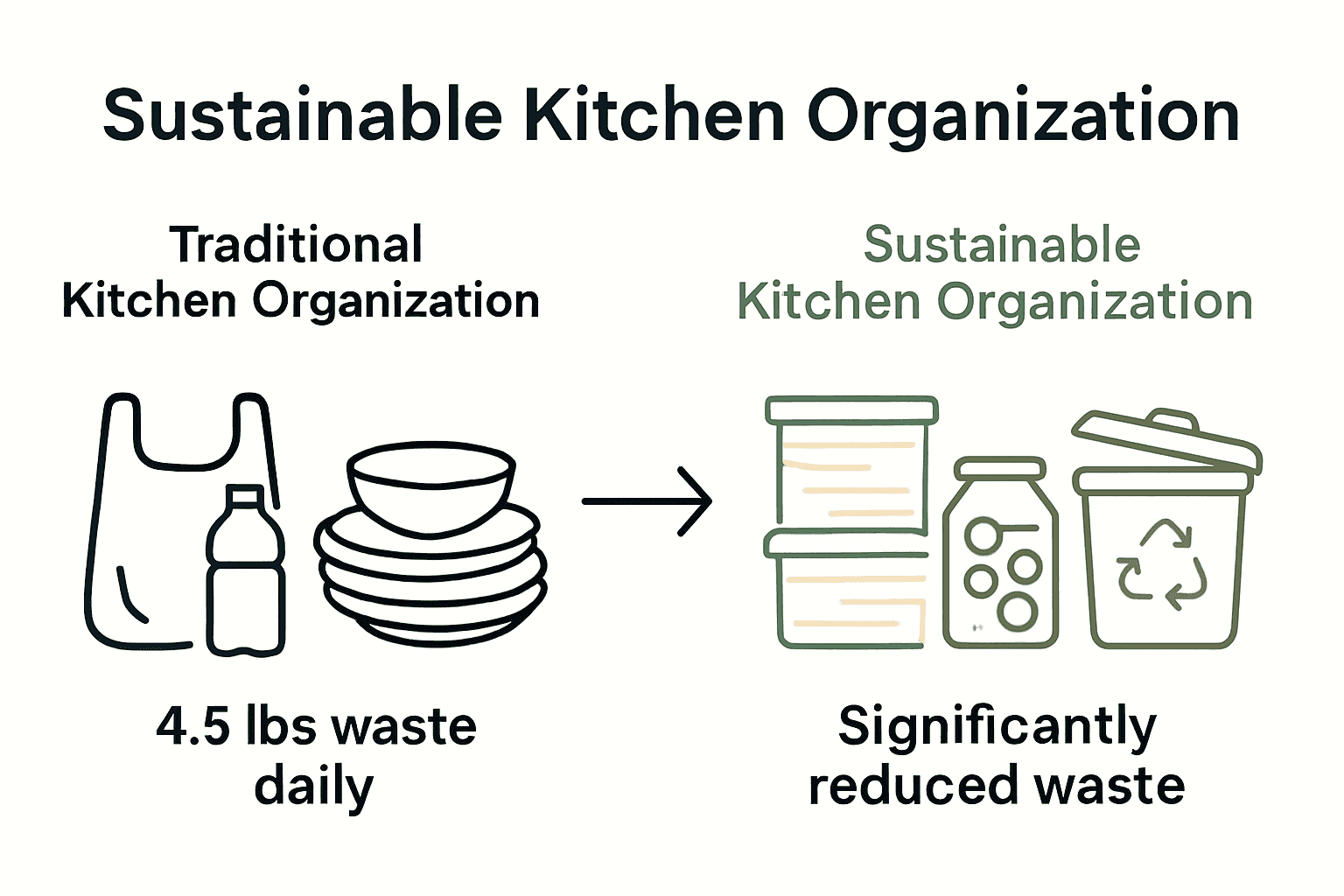 Infographic contrasting traditional versus sustainable kitchen organization methods