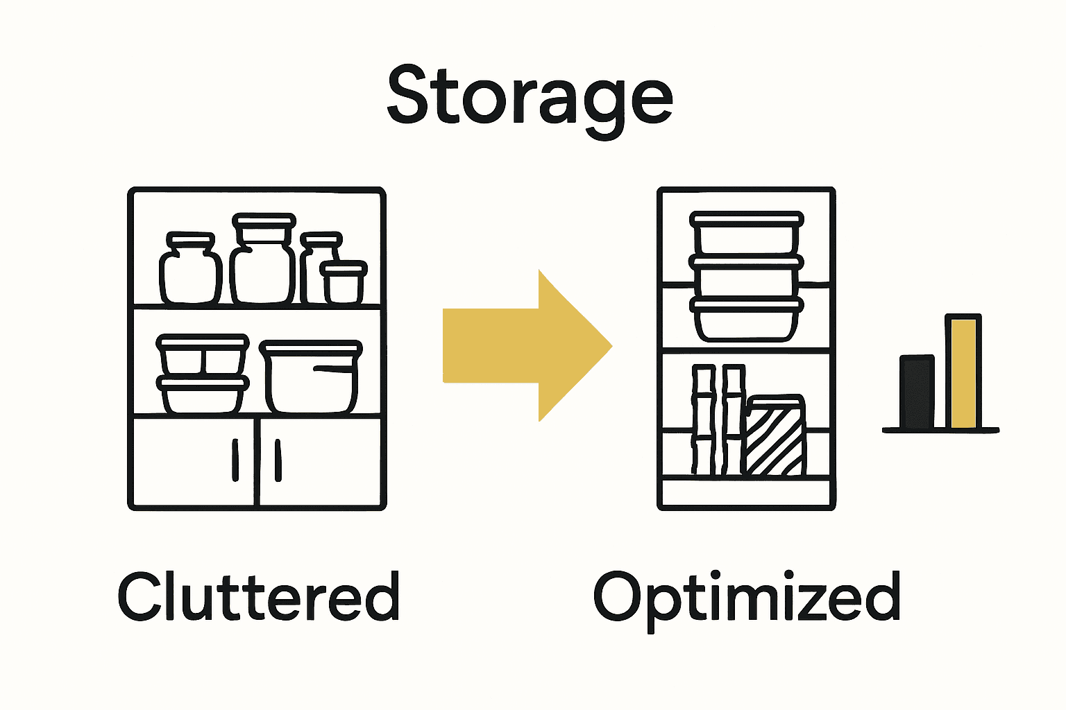 Infographic comparing cluttered and optimized eco-friendly kitchen storage strategies.