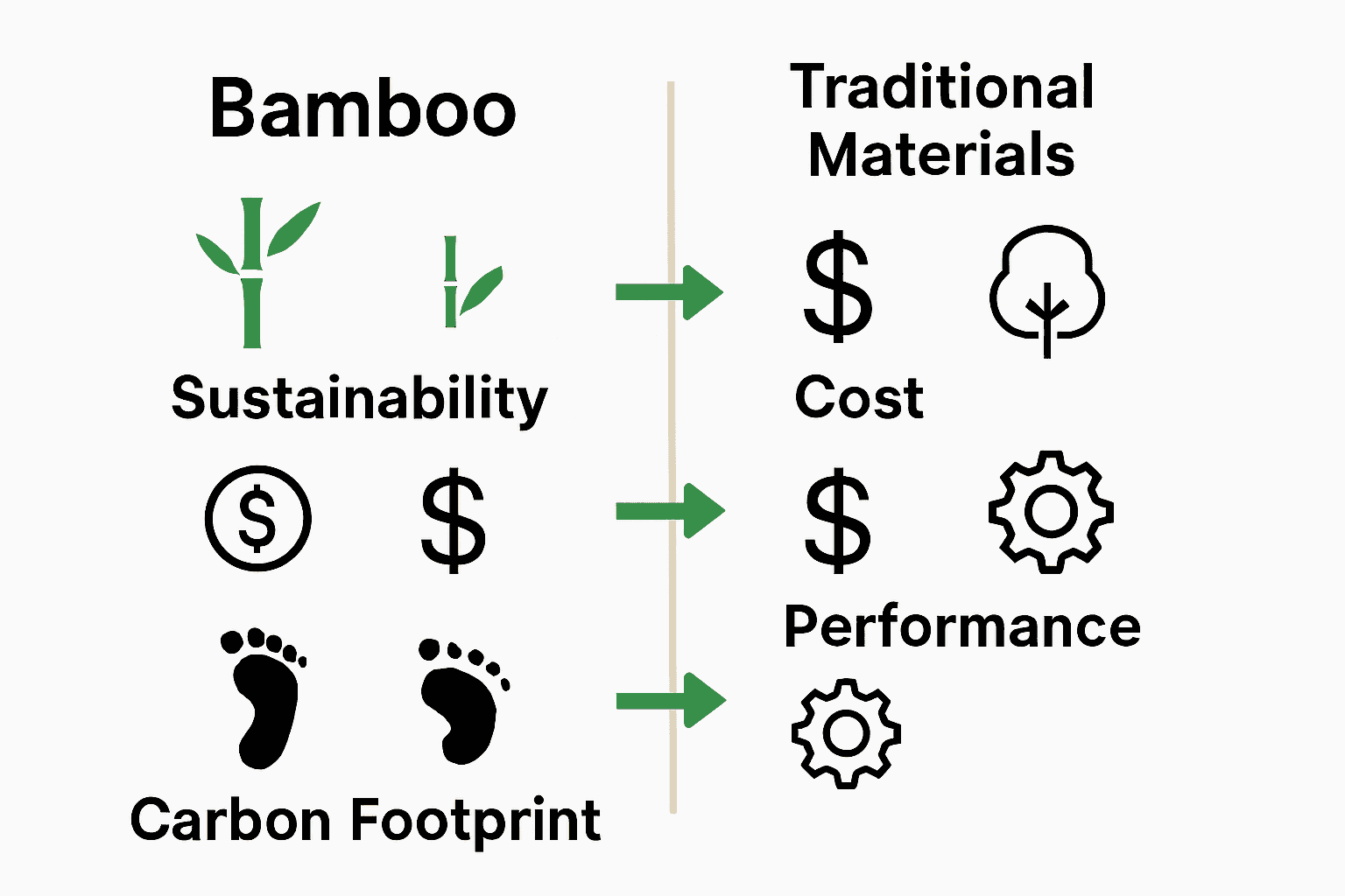 Infographic comparing bamboo and traditional materials in sustainability, cost, and performance.