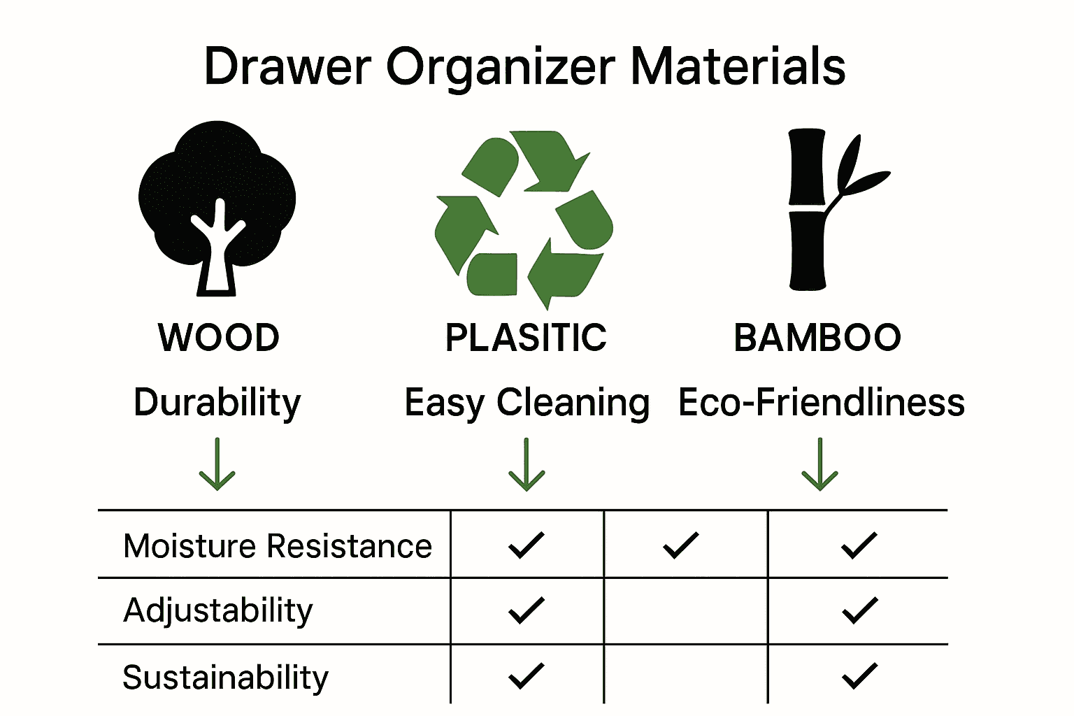 Comparison infographic shows icons for wood, plastic, and bamboo drawer organizer materials with durability, cleaning, and eco-friendly scores.