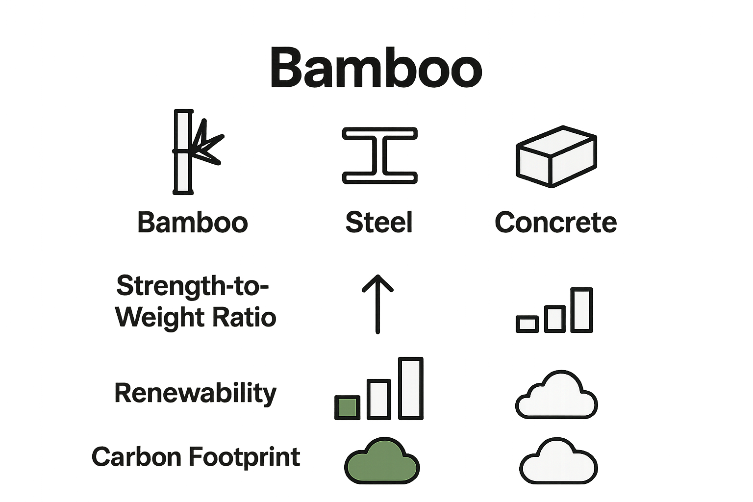 Infographic comparing bamboo, steel, and concrete in construction.