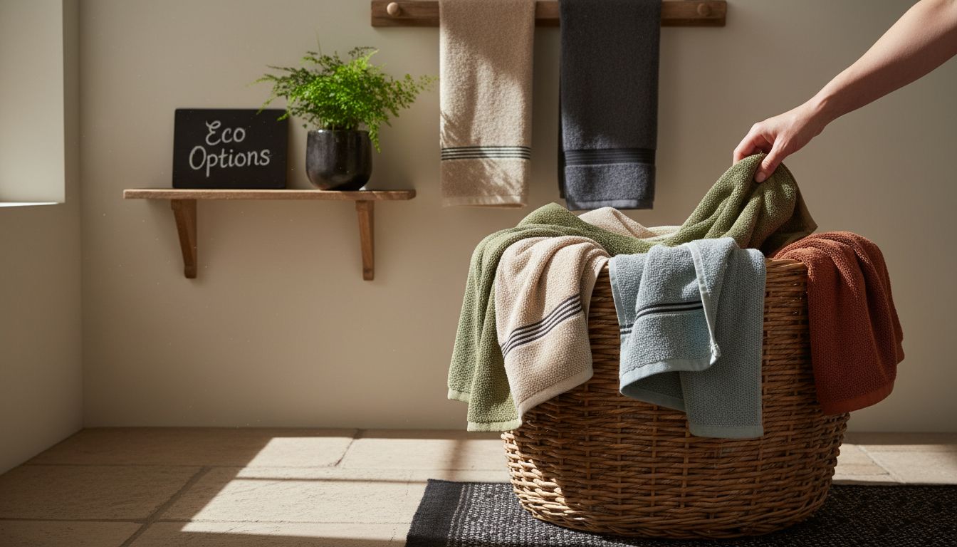 Laundry area with reusable cloth towels and eco signage