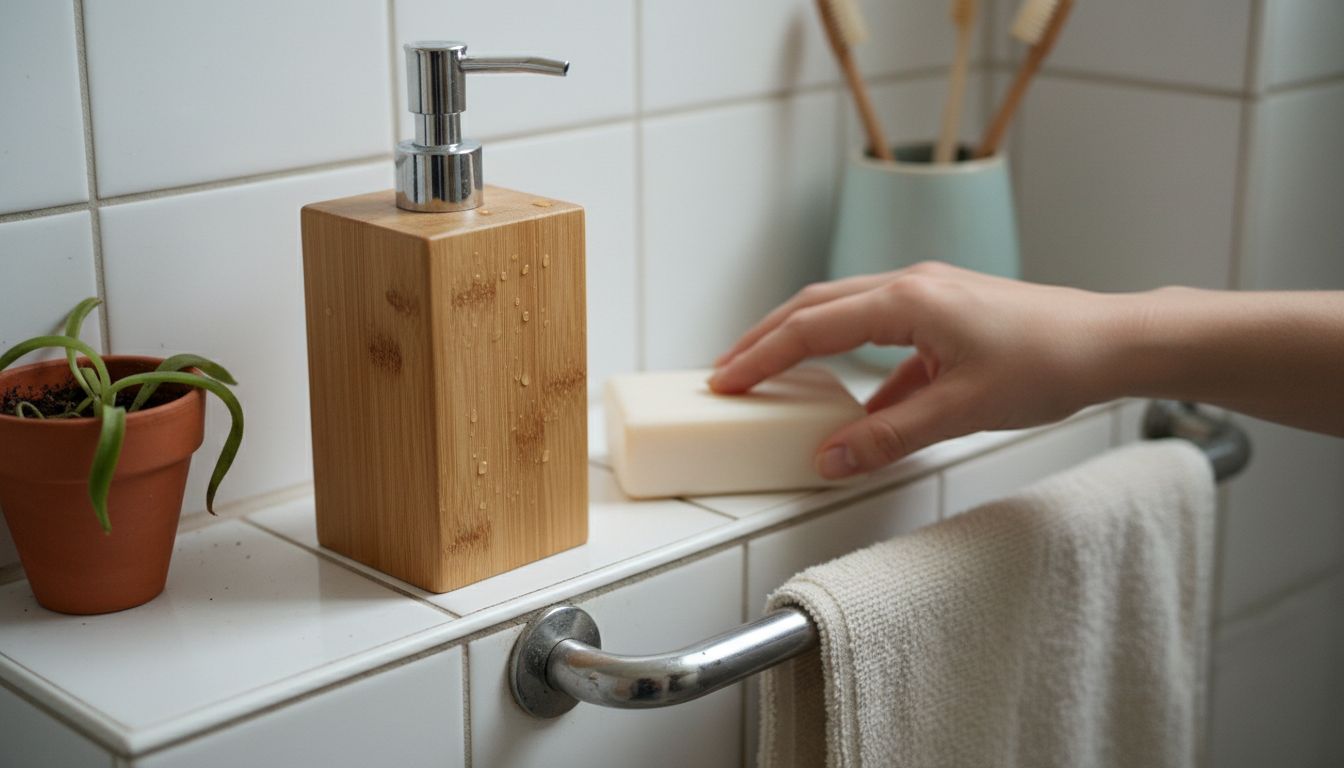 Bamboo dispenser on bathroom shelf close-up