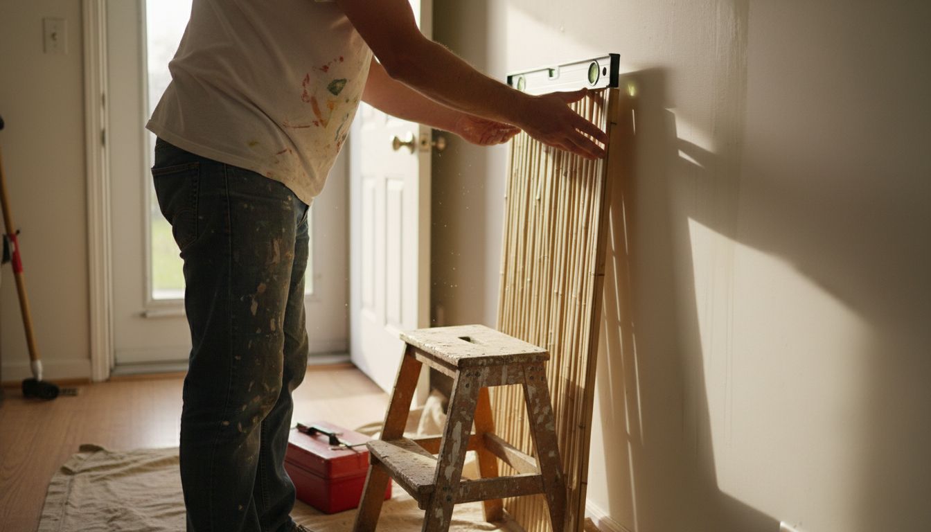 Man installing bamboo wall paneling