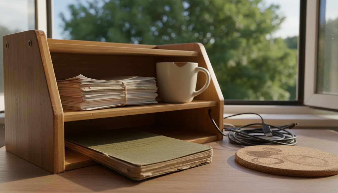 Well-used bamboo shelf organizer in home office