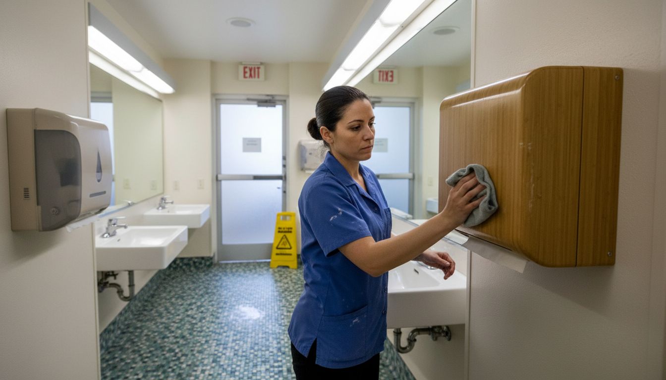 Janitor cleans bamboo, plastic dispenser in background