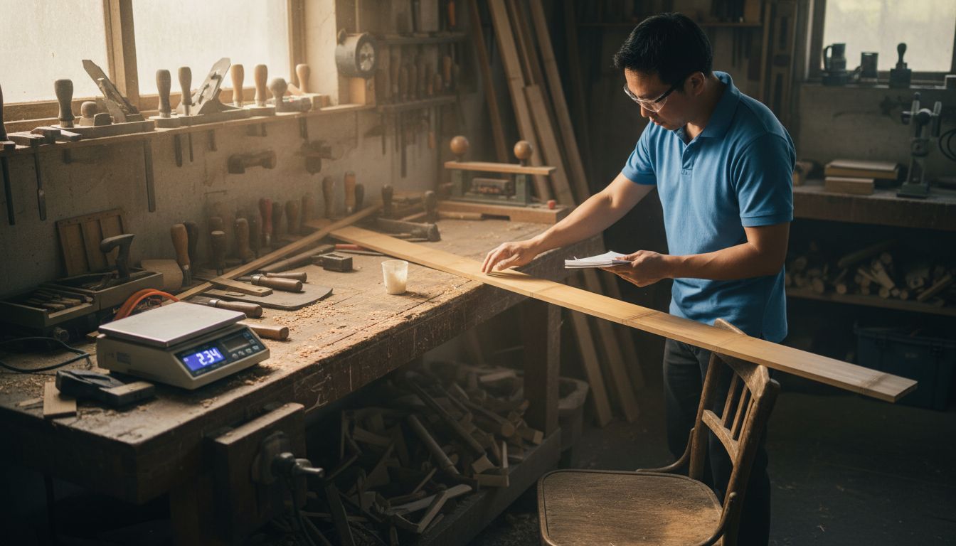 Technician tests bamboo plank for strength