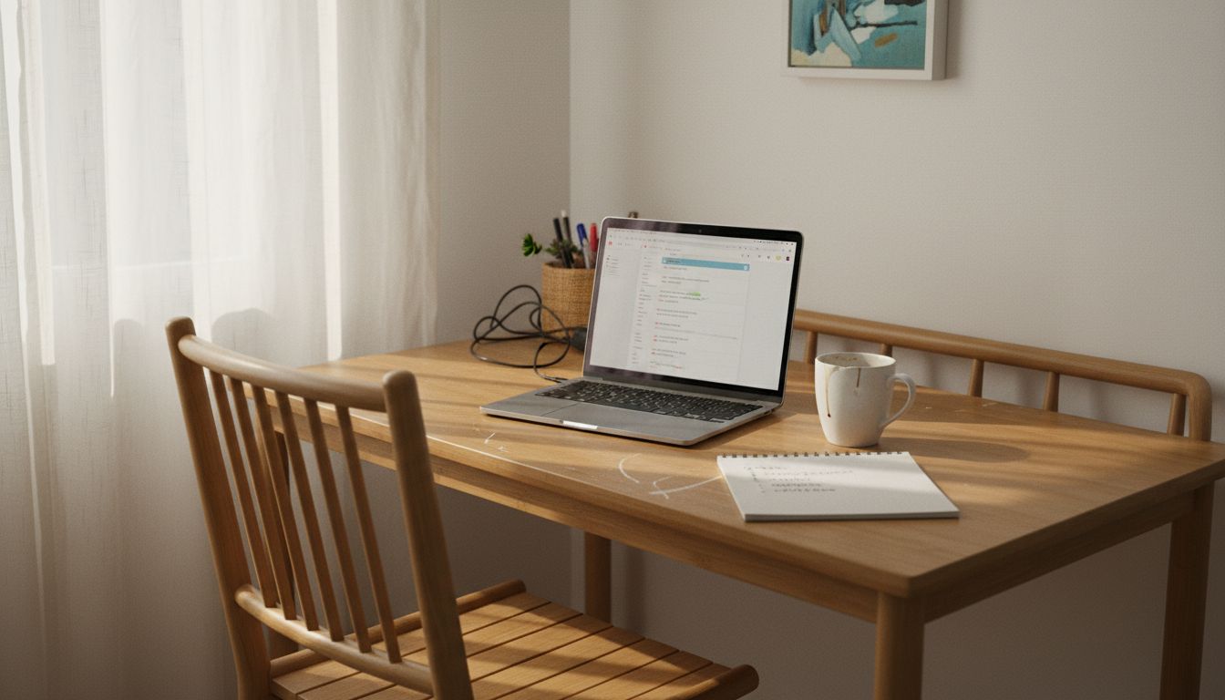 Bamboo desk workspace with laptop and mug