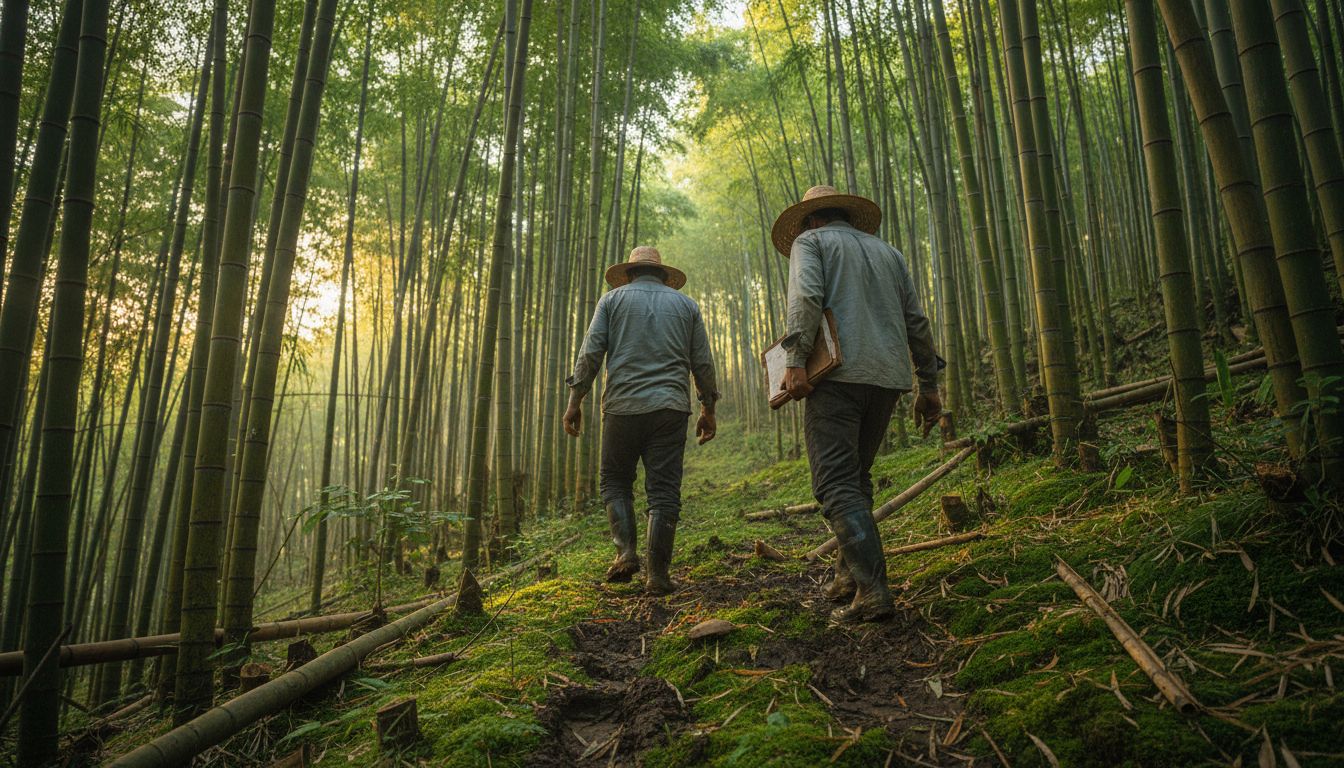 Workers in sunlit bamboo plantation at sunrise