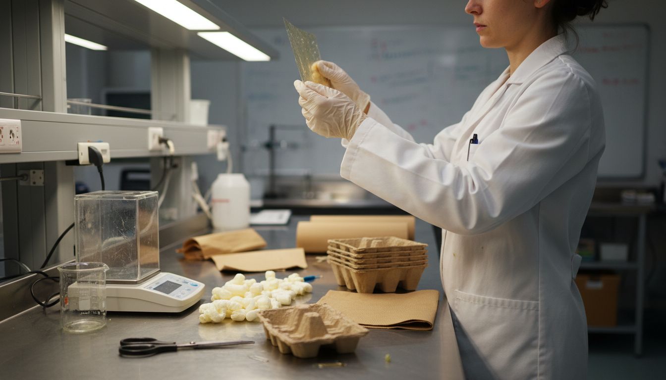 Technician sorting biodegradable packaging materials