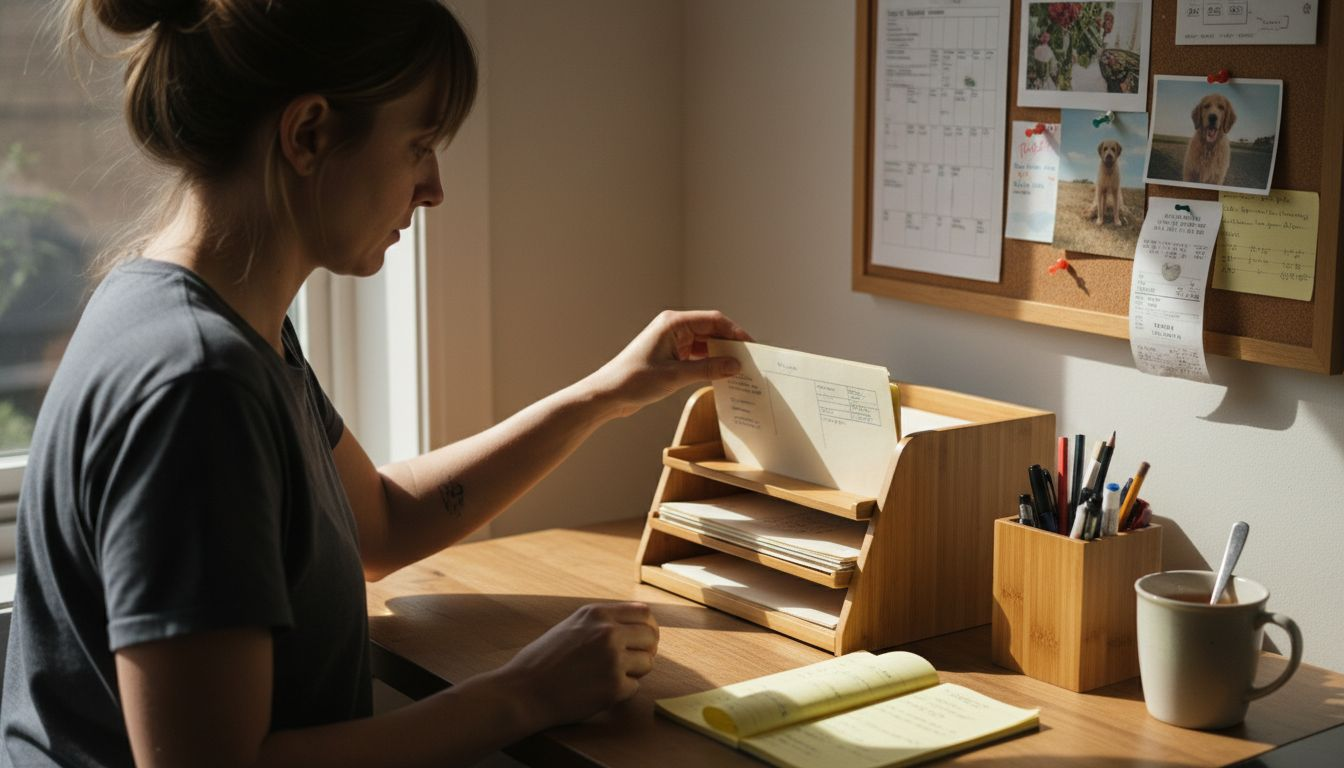 Woman organizing desk with bamboo organizer