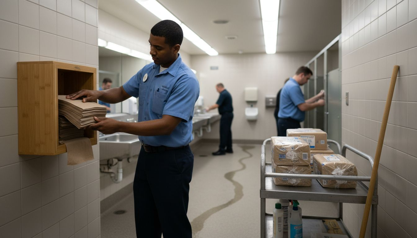 Janitor loading towels into bamboo dispenser