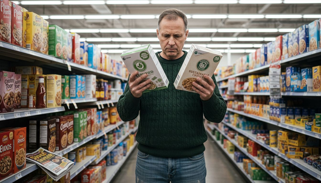 Man compares eco labels at supermarket shelf