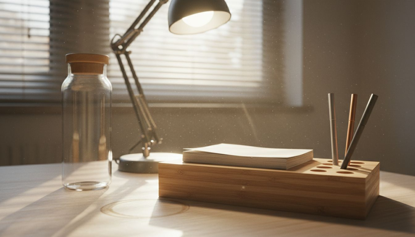 Bamboo accessories and eco-materials on office desk