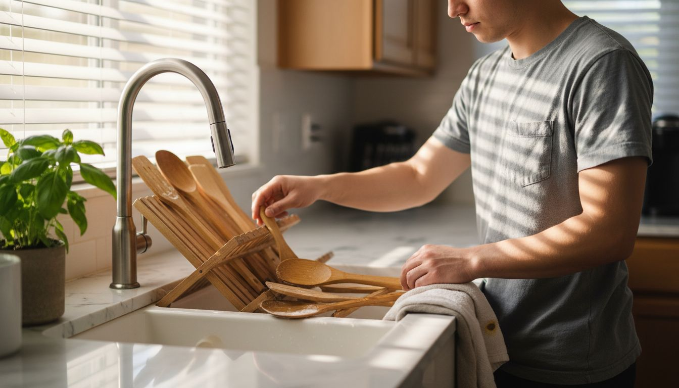 Drying bamboo utensils on kitchen drying rack